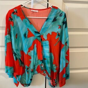 Vibrant orange and turquoise print elastic bottom/wide flowy 3/4 sleeves